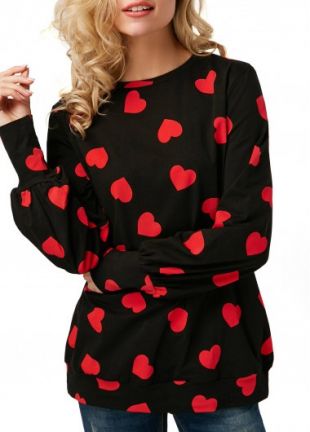 Heart Print Blouson Sleeve Round Neck T Shirt | Rotita.com   USD $23.88 