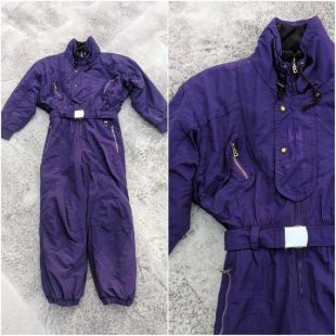 Vintage costume de neige une pièce violet || VTG Ski grenouillère w ceinture + poches, Large