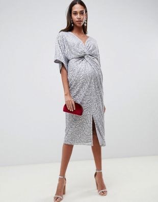 Little Mistress - Maternity All Over Sequin Knot Front Midi Dress