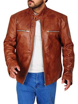 TrendHoop Mens Brown Real Lambskin Leather Distressed Motorcycle Leather Jacket (Distressed Brown, XX-Large)