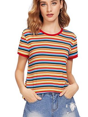 SheIn Women's Tie Dye Print Round Neck Short Sleeve Crop T-Shirt Top (Small, Multicolor#4)