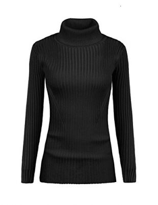 v28 Women Stretchable Turtleneck Knit Long Sleeve Slim Fit Sweater (L,Black)