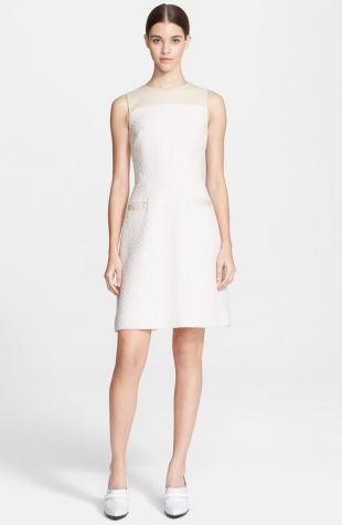 Leather Trim Bouclé Knit A Line Dress