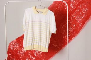 des années 70 jaune rayé Polo Shirt / Sweet rétro haut basique / L Large