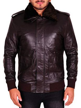 TrendHoop Mens A-2 Style Distressed Bomber Flight Brown Real Leather Jacket - with Black Fur (A-2 Brown, X-Small)