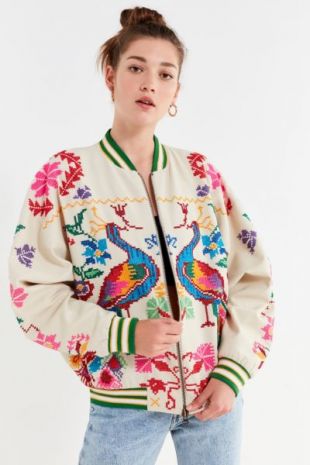 UO Peacock Paradise Cross Stitch Bomber Jacket