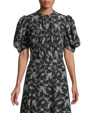 Short Balloon Sleeve Floral Print Gabardine Blouse