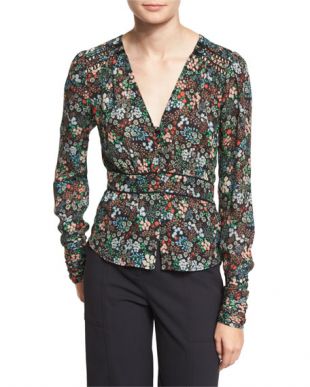 Veronica Beard - Ripley Ruched Floral Silk Boho Blouse