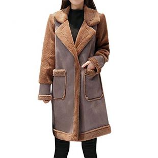 Limsea Women's Coat Leather Jacket, Faux Fur Patchwork Fleece Lapel Lined Windprrof Shearling Large Brown