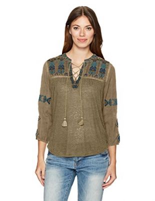 Lucky Brand Women's Lace Up Embroidered Top, Olive Night, X-Small