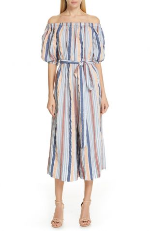 Ulla Johnson Elan Off the Shoulder Seersucker Jumpsuit