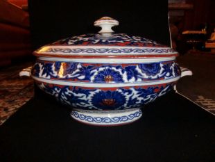 C1883 Mintons Aesthetic Blue & White/ Red 'Humber' Pattern - Large Soup Tureen