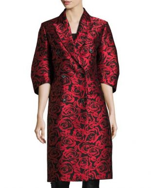 Rose Jacquard Ruched-Sleeve Double-Breasted Coat