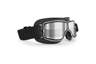 Bertoni Motorcycle Riding Goggles Black Leather Chromed Frame - Anticrash Lens -Special Ventilation mod. AF188A Clear Silver Mirror Lens - Motorbike Vintage Aviator Glasses