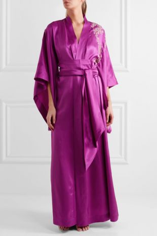 Lace-Trimmed Silk-Twill Kimono Women Purple