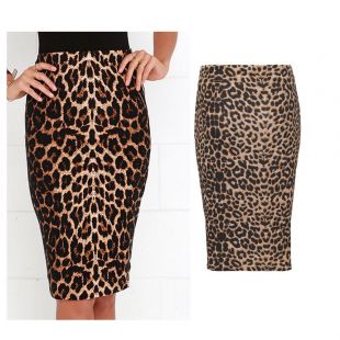 Womens High Waisted Leopard Print Stretch Ladies Midi Pencil Skirt