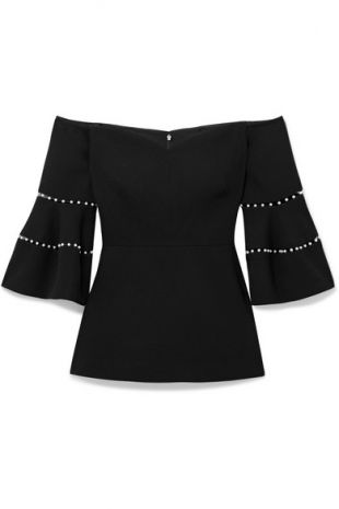 Off-Shoulder Bare Wool-Blend Crepe Top With Synthetic Pearls