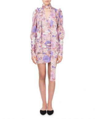 Kartagena Long-Sleeve Floral-Print Ruched Silk Dress