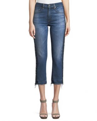 Ines Cropped Straight-Leg Girlfriend Jeans W/ Rhinestones