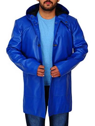 Men Blue Fahsion Outerwear Classic Hooded Style Collar Mid Length Leather Trench Coat (Blue, Medium)