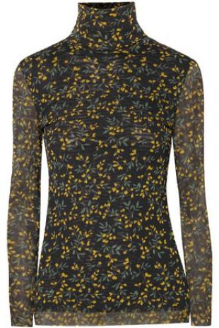 Floral Print Stretch Mesh Turtleneck Top