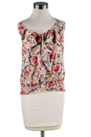 American Rag Women's Beige Roses Print Ruffle Tank Top Shirt