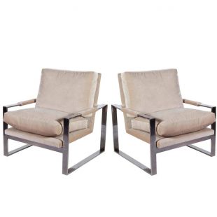Pair of Milo Baughman Velvet Lounge Chairs on Cube Chromed Steel Frames