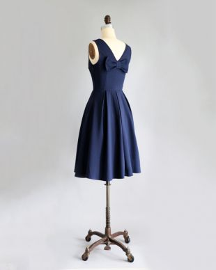 HAZEL | Navy blue midi bridesmaid dress with bow. vintage inspired v neck cocktail dress. modest midi skirt with full pleats.