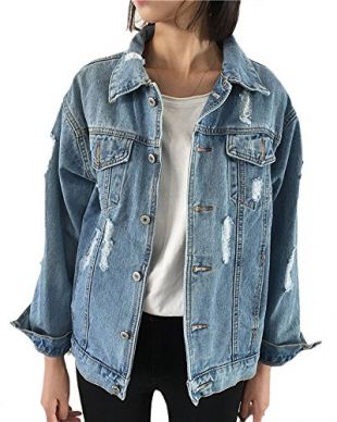 DianShao Femme Casual Manche Longue Veste Jean Déchiré Courte Revers Blouson