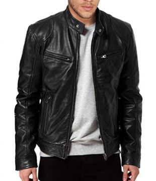 The Leather Factory Men's Sword Black Genuine Lambskin Leather Biker Jacket M Black