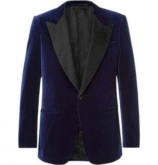 Navy Navy Slim-Fit Satin-Trimmed Cotton-Velvet Tuxedo Jacket