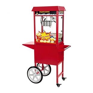 Royal Catering Machine à Popcorn Mobile RCPW-16E (1.600W, rendement horaire 5 kg/h, 16 L/h, diamètre de la cuve en haut 18,5 cm, récipient téflon, rouge avec chariot)