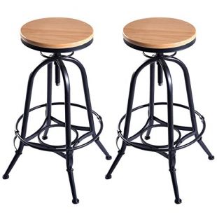Costway Vintage Bar Stools Metal Frame Wood Top Adjustable Height Swivel Industrial