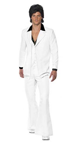 Smiffys Costume des années 70, blanc, veste avec fausse chemise, gilet et pantalon, Taille XL