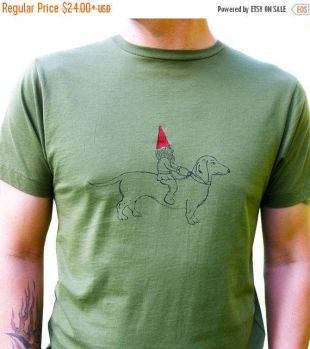 ON SALE Dachshund & Gnome Men's Graphic Tee Shirt, Hand Printed Cotton, Valentine Gift for Men, As seen on Last Man on Earth, Army Green