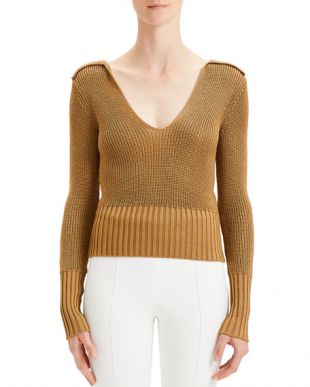 Theory Back-Collar Long-Sleeve Roving Cropped Sweater