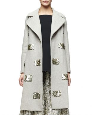 Metallic Fringe-Embellished Long Coat