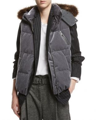 Velvet Puffer Vest with Fur-Trim Hood