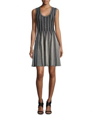 M Missoni - M Missoni Striped Sleeveless Fit-&-Flare Dress, Black/White