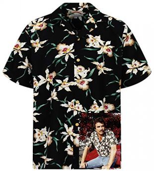 Tom Selleck Original Hawaiihemd, Kurzarm, Star Orchid, Schwarz, S