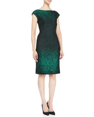 Cap-Sleeve Metallic Sheath Dress, Green/Black