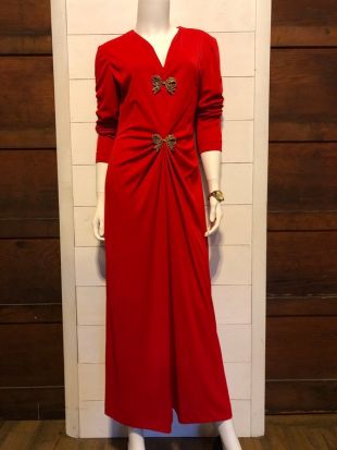 Oscar de la Renta Studio Vintage 1970s Red Gown with Gold Bows