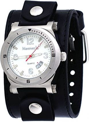 Nemesis # lbb073 W Hombres de Acero Inoxidable Amplia Banda de Cuero anlalog Esfera Blanca Reloj