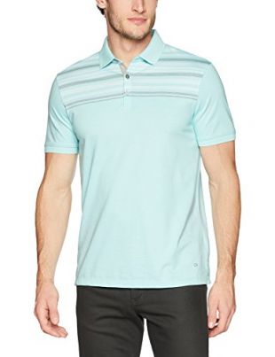 Calvin Klein Men's Short Sleeve Polo Shirt Engineer Striped Two Button, Plume Blue, Medium