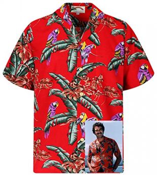 Tom Selleck Original Hawaiihemd, Kurzarm, Jungle Bird, Rot, XXL
