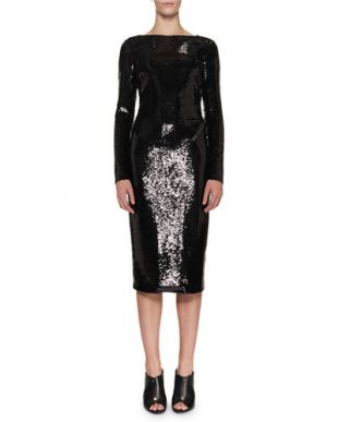 Sequined Zip-Trim Scoop-Back Long-Sleeve Dress