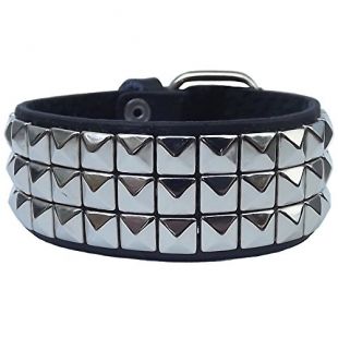 Cameleon-Shop-Pulsera de piel con tapa, diseño de pirámide de 3 Vueltas-Fijación hebilla acero inoxidable, regulable de 17 a 22 cm, color negro