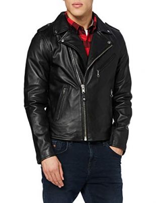 Schott Biker Leather Chaqueta, Negro (Black Black), Small para Hombre