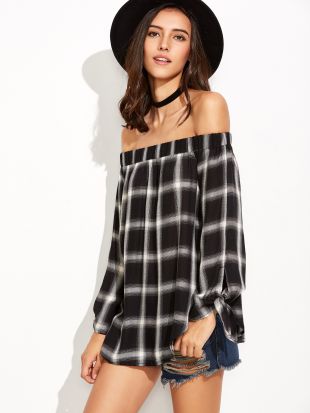 Black Plaid Tie Sleeve Off The Shoulder Top