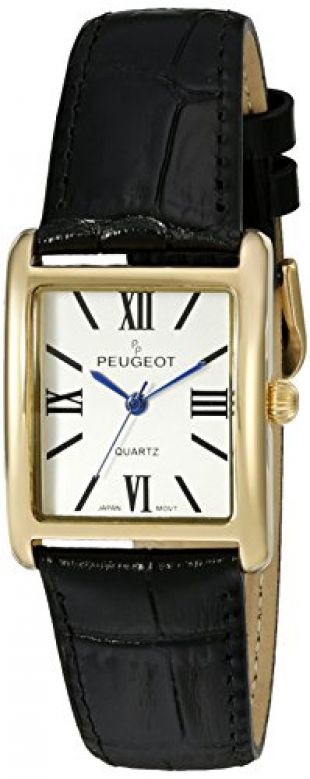 Peugeot Women's '14k Gold Plated Tank Roman Numeral Band' Quartz Stainless Steel and Leather Dress Watch, Color:Black (Model: 3036BK)